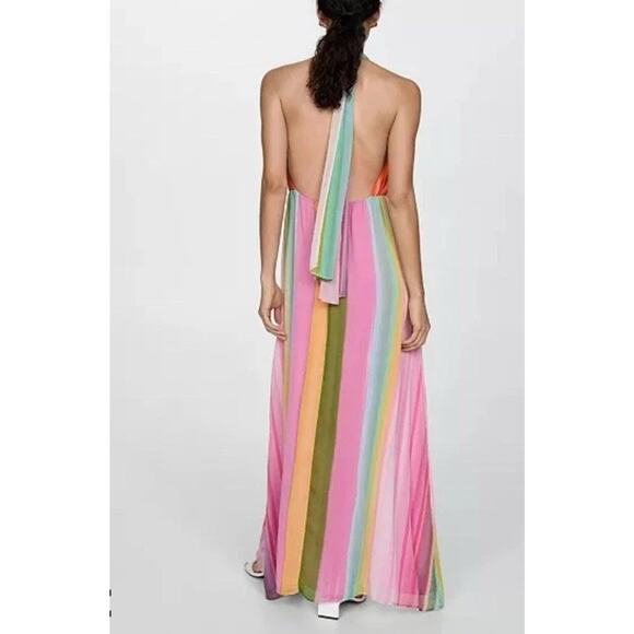 MNG by Mango Rainbow Striped Halter Maxi Dress Tie V-neck Sz 6 - Picture 2 of 11